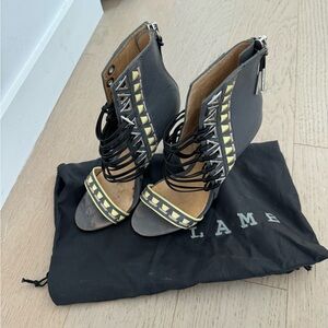 L.A.M.B. Lace Up Grey Leather Sandals